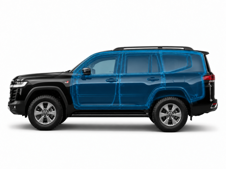 Illustration of the Toyota Land Cruiser 300 GR armored capsule - side view with blue highlighting of the protected interior
