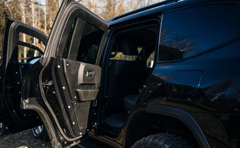 Open armored doors and protected interior of Toyota Land Cruiser 300 GR